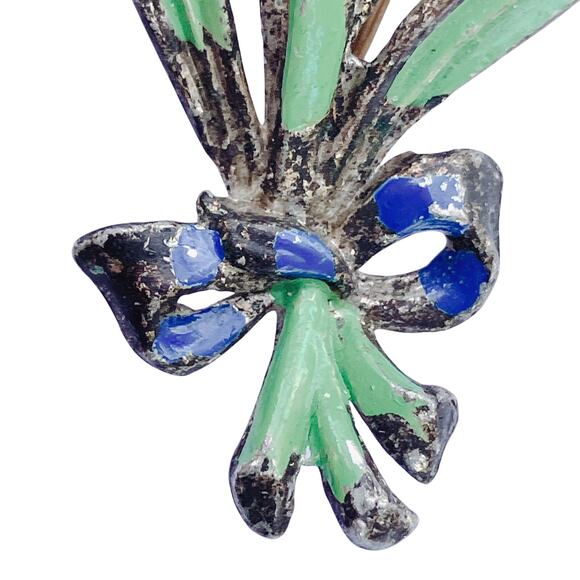 Vintage 1930s Floral Bouquet Brooch Purple Glass Enamel Pot Metal Jewelry Pin - Picture 5 of 15